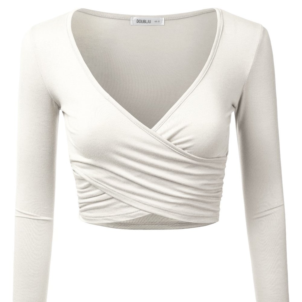 Doublju Long Sleeve Surplice Wrap Crop Top White Medium